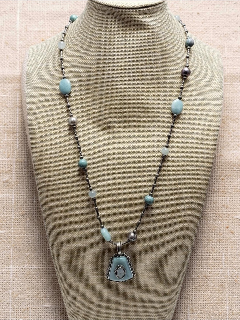 Carolyn Pollack Sterling Amazonite Aquamarine Pearl Bead Pendant Necklace